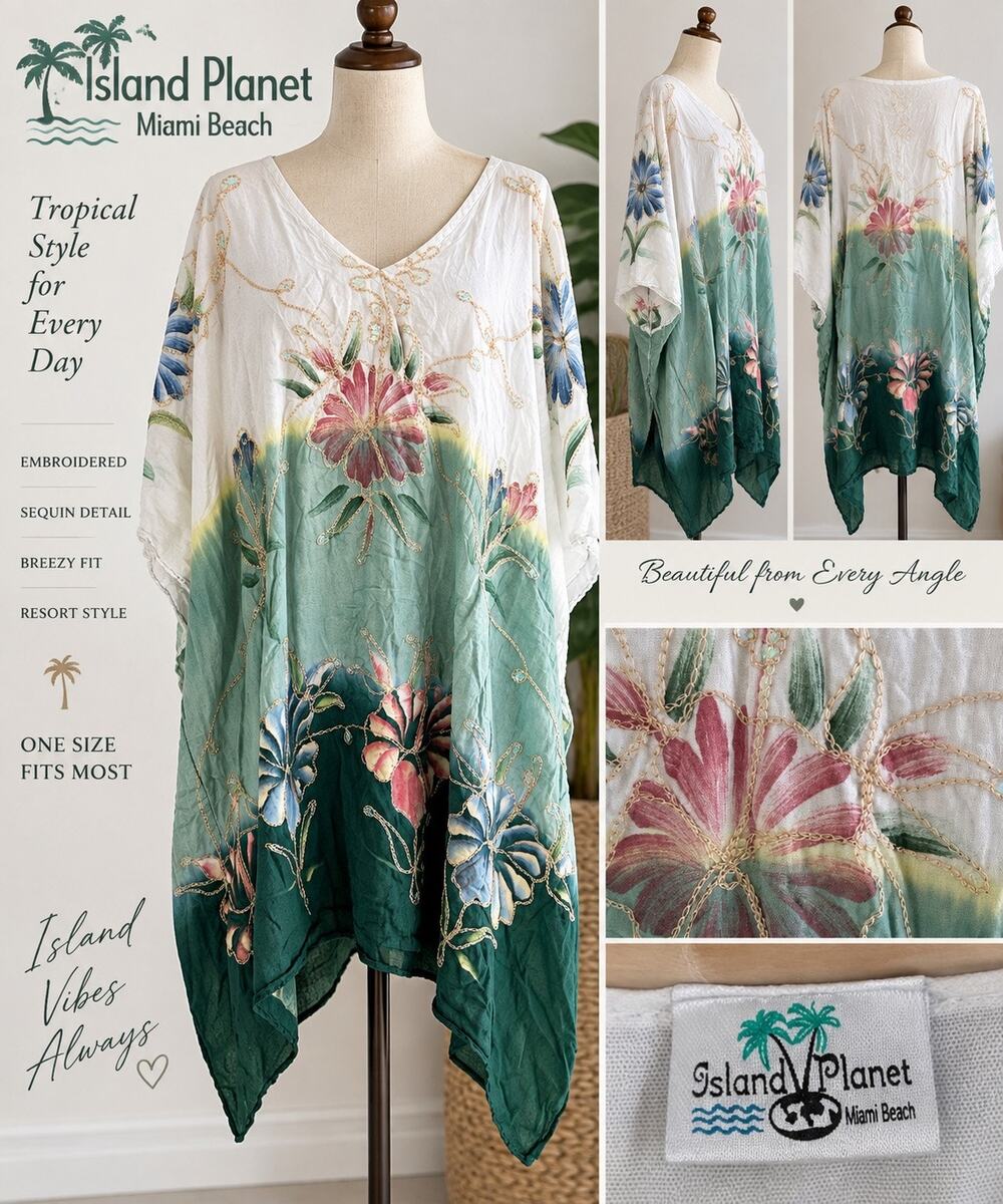 Island Planet Miami Beach Floral Embroidered Sequin Kaftan Dress One Size